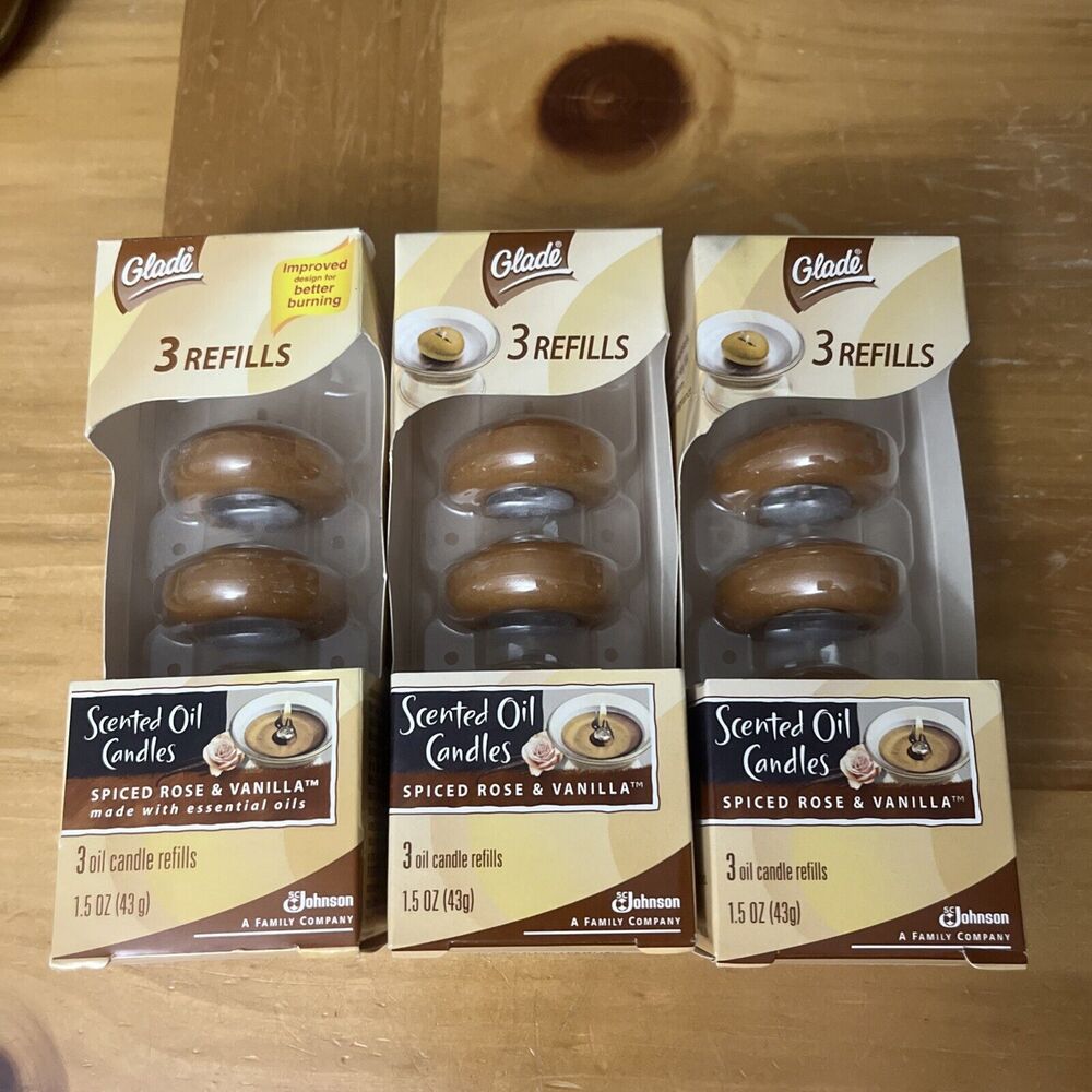 Lot of 3 GLADE Scented Oil Candle 3-Pack Refills SPICED ROSE & VANILLA (9 Total)